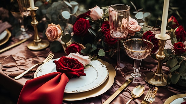 Decoración de mesa floral elegante para fiestas de cena y decoración de vacaciones