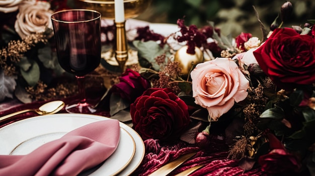 Decoración de mesa floral elegante para fiestas de cena y decoración de vacaciones