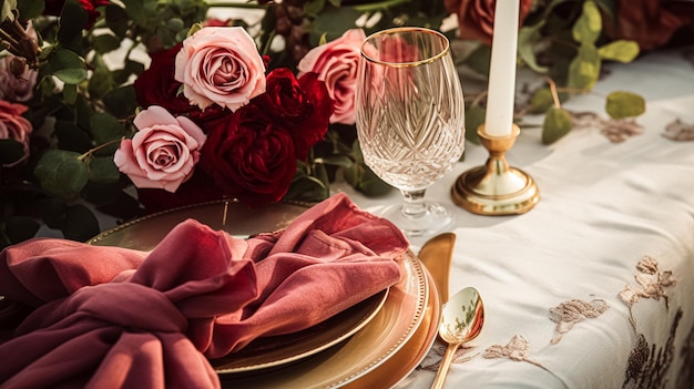 Decoración de mesa floral elegante con rosas y vino para la cena y la decoración de vacaciones.