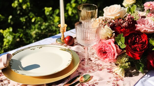 Decoración de mesa floral elegante con rosas y vino para la cena y la decoración de vacaciones.