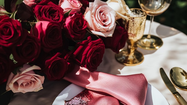 Decoración de mesa floral elegante con rosas y vino para la cena y la decoración de vacaciones.