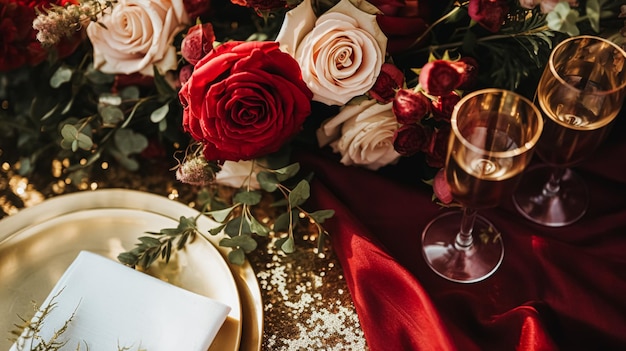 Decoración de mesa floral elegante con rosas y vino para la cena y la decoración de vacaciones.