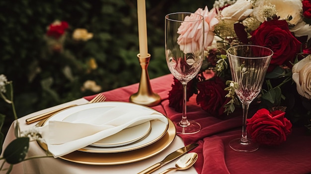 Foto decoración de mesa floral elegante con rosas y vino para la cena y la decoración de vacaciones.