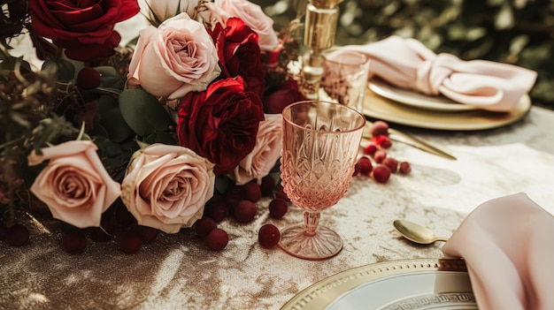 Foto decoración de mesa floral elegante con rosas y vino para la cena y la decoración de vacaciones.