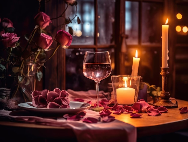 Decoración de mesa floral rosa para una cena romántica con velas de mantel y cubiertos IA generativa