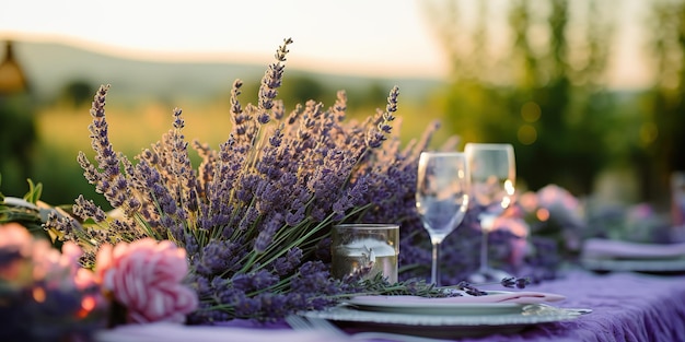 Decoración de la mesa con flores de lavanda