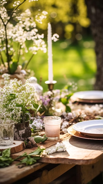 Decoración de mesa de jardín, paisaje de mesa festivo, mesa de cena formal, paisaje de mesa con decoración elegante para fiesta de bodas y idea de evento