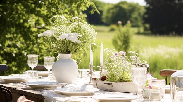 Decoración de mesa mesa de vacaciones paisaje y mesa de cena en el jardín de campo decoración de eventos formales para la celebración de la familia de la boda estilo inglés de campo y hogar