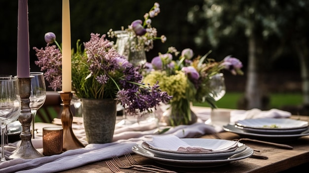 Decoración de mesa mesa de vacaciones paisaje y mesa de cena en el jardín de campo decoración de eventos formales para la celebración de la familia de la boda estilo inglés de campo y hogar