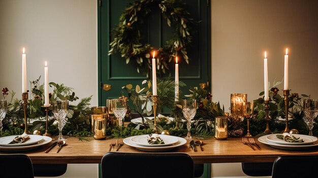 Decoración de mesa de Navidad mesa de vacaciones paisaje y mesa de cena decoración de eventos formales para la celebración familiar de Año Nuevo inspiración de estilo de país y hogar inglés