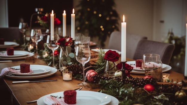 Decoración de mesa navideña, paisaje festivo y mesa de cena, decoración de eventos formales para la celebración familiar de Año Nuevo, inspiración campestre e inglesa para el estilo del hogar.