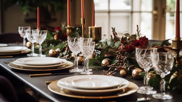 Decoración de mesa, paisaje festivo y mesa formal para cenas navideñas y celebración de eventos. Decoración campestre inglesa e inspiración para el estilo del hogar.