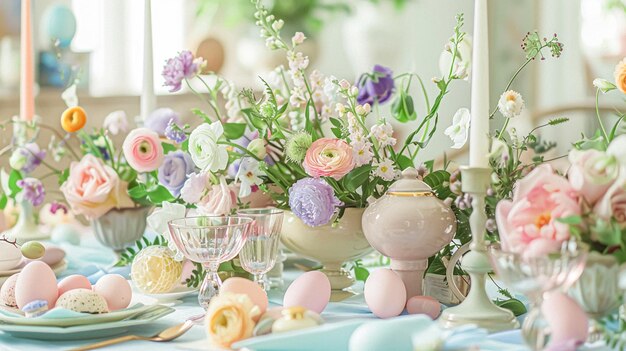 Foto decoración de mesa de pascua decoración de mesa floral de vacaciones para celebración familiar flores de primavera pascua