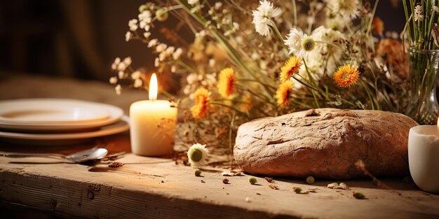 Foto decoración de mesa rústica con suaves velas y flores silvestres