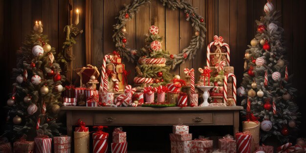 Decoración de mesa con velas y adornos de luz de árbol de Navidad.