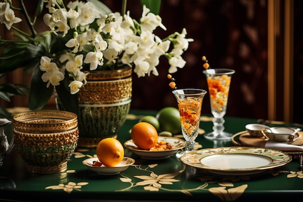 Decoración de mesa verde y blanca con flores