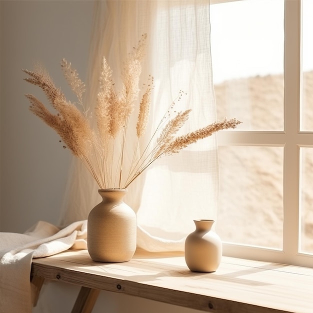 Decoración minimalista para el hogar con hierba de Pampas neutral en un jarrón junto a la ventana