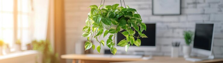Decoración minimalista de la oficina en el hogar con plantas colgantes y espacio para copiar
