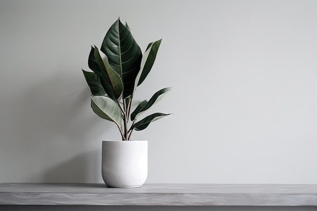 Decoración minimalista con planta de interior en maceta de hormigón y jarrón blanco.