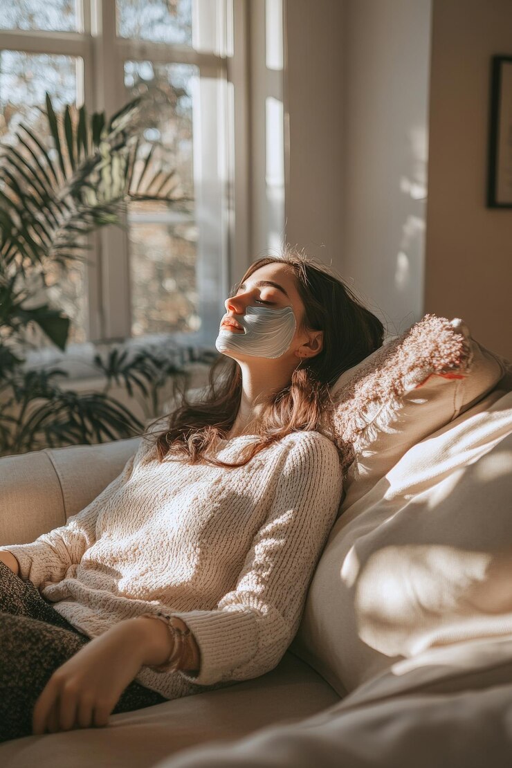 La decoración minimalista de una sala de estar luminosa prepara el escenario para una mujer joven descansando en su sofá
