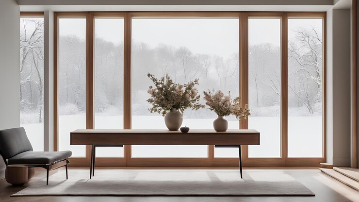 Decoración moderna para el invierno con arte escénico y elegantes arreglos florales