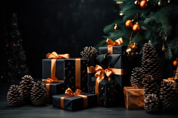 Decoración de Navidad con conos de pino tarjetas de Navidad y regalos en un fondo negro