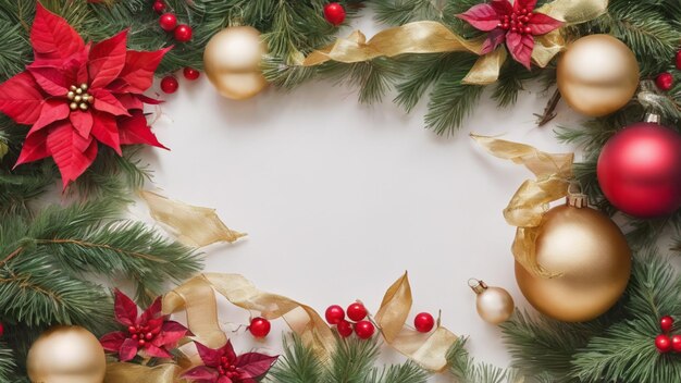 Foto decoración de navidad ponsetia roja bolas doradas fondo blanco estilo acuarela