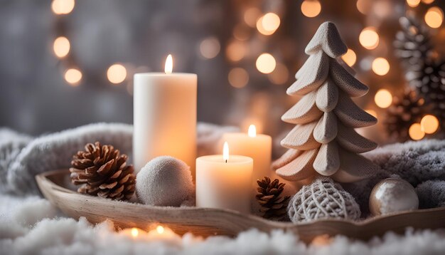 una decoración de Navidad con una vela blanca y un árbol de Navidad en el fondo