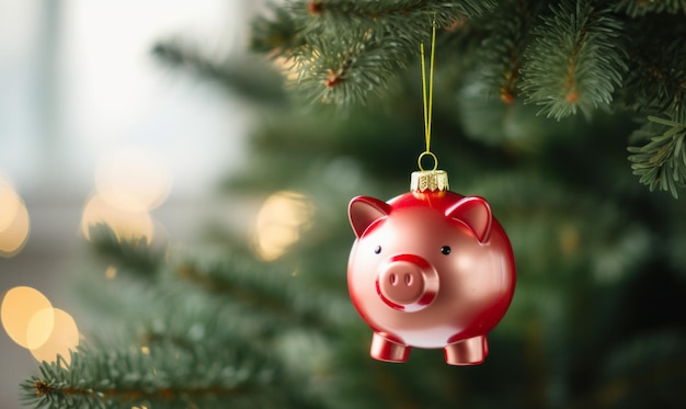 Decoración navideña de la alcancía colgada en una rama del árbol de Navidad Ahorros y costos estacionales