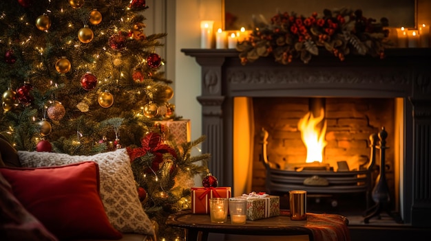 Decoración navideña y ambiente acogedor estilo casa de campo decorado con árbol de Navidad en la casa rural inglesa salón con chimenea idea de decoración interior