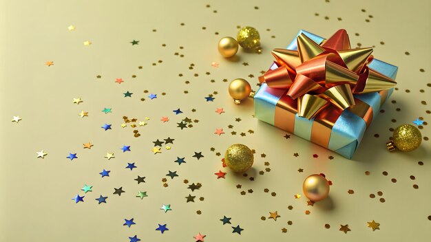 Decoración navideña con caja de regalos y luces doradas parpadeantes de fondo