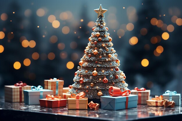 Decoración navideña y cajas de regalo con lazos en el fondo del efecto bokeh IA generativa