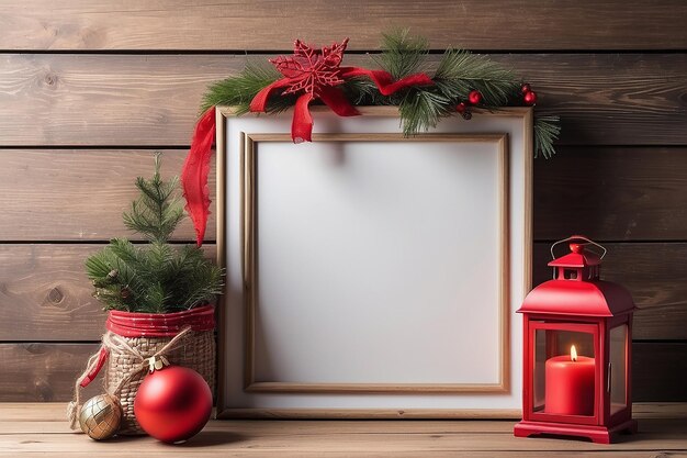 Foto decoración navideña de estilo artesanía de marco en blanco y linterna roja en la mesa de madera