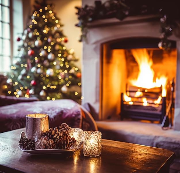 Decoración navideña y estilo de cabaña de campo atmósfera acogedora decorado árbol de Navidad en la casa de campo inglesa sala de estar con chimenea decoración interior