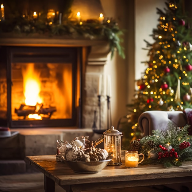 Decoración navideña y estilo de cabaña de campo atmósfera acogedora decorado árbol de Navidad en la casa de campo inglesa sala de estar con chimenea decoración interior