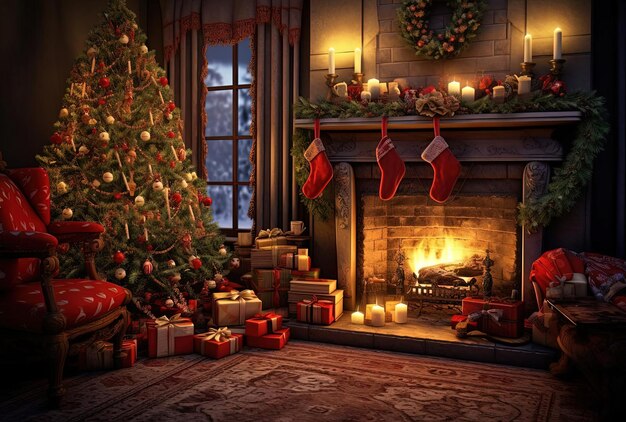 Decoración navideña en la habitación con árbol, chimenea y regalos.