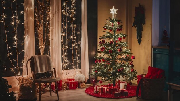 Decoración navideña con hermoso árbol y luces