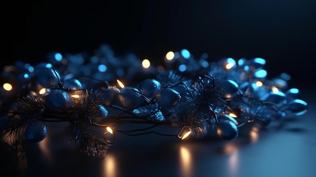 Una decoración navideña con luces y un fondo azul.