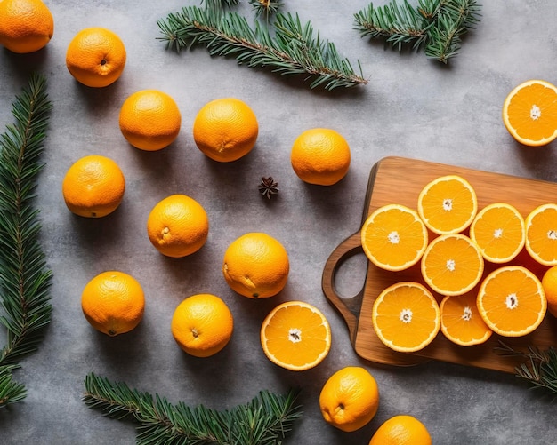 decoración navideña en la mesa, naranjas y decoración navideña en el fondo