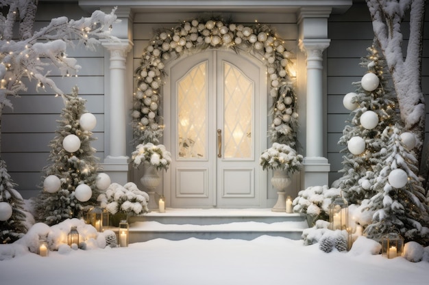 Decoración navideña del porche de la casa, puerta de entrada blanca en vacaciones de invierno, entrada de madera a la casa con árboles, guirnaldas, nieve y velas. Tema de diseño, decoración navideña, fachada festiva, IA generativa.