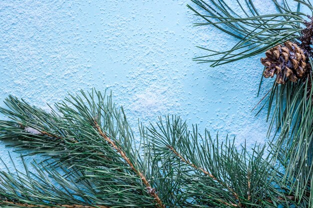 Decoración navideña Rama de árbol de navidad y conos de abeto en la nieve Vista superior endecha plana