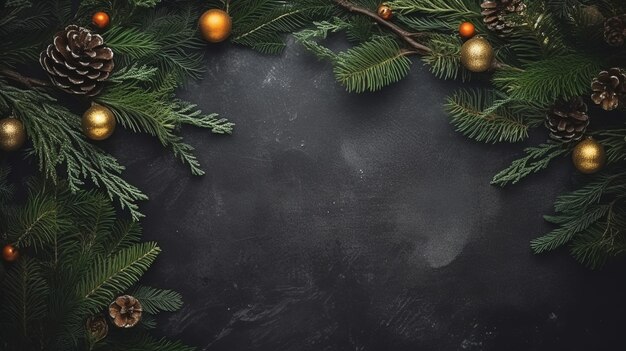 Decoración navideña con ramas de abeto y adornos sobre un fondo oscuro Ai generativo