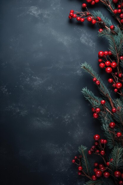 Decoración navideña con ramas de abeto bayas rojas telón de fondo navideño negro generativo ai