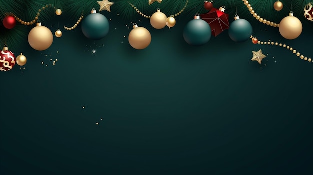 Decoración navideña realista con pancarta de fondo de abetos con espacio en blanco para bastones de caramelo de confeti de texto y vector de bolas de árbol de Navidad sobre fondo verde oscuro