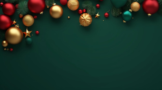 Decoración navideña realista con pancarta de fondo de abetos con espacio en blanco para bastones de caramelo de confeti de texto y vector de bolas de árbol de Navidad sobre fondo verde oscuro