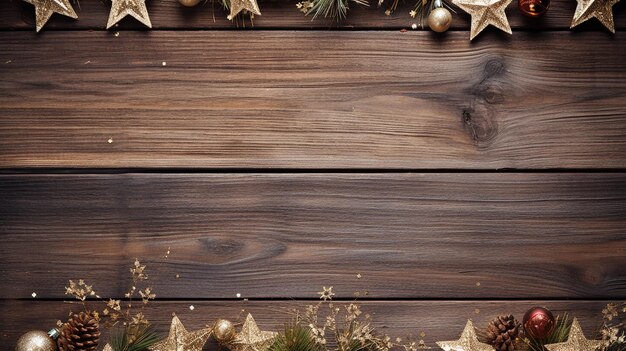 Foto decoración navideña sobre fondo de madera con estrellas doradas
