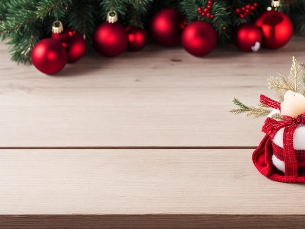 Decoración navideña sobre fondo de mesa de madera con espacio para tus saludos