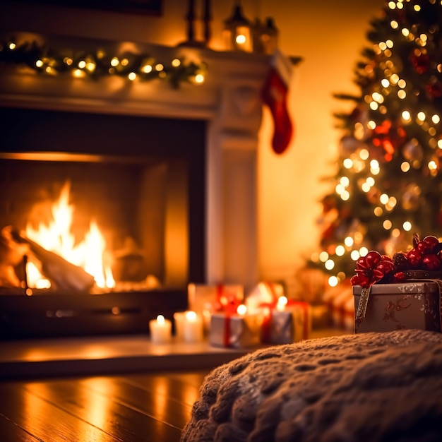 Decoración navideña tiempo de vacaciones y decoración de ambiente acogedor estilo casa de campo en la casa de campo inglesa con árbol de Navidad y chimenea en el fondo idea de vacaciones de invierno