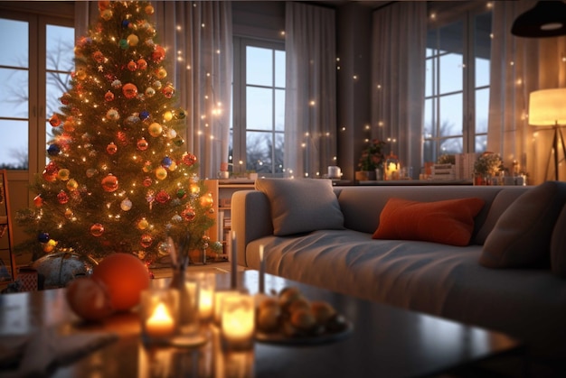 Decoración navideña con vela ardiente y bolas navideñas renderización 3D