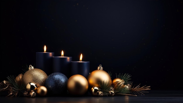 Decoración navideña con velas y bolas en fondo negro espacio de copia
